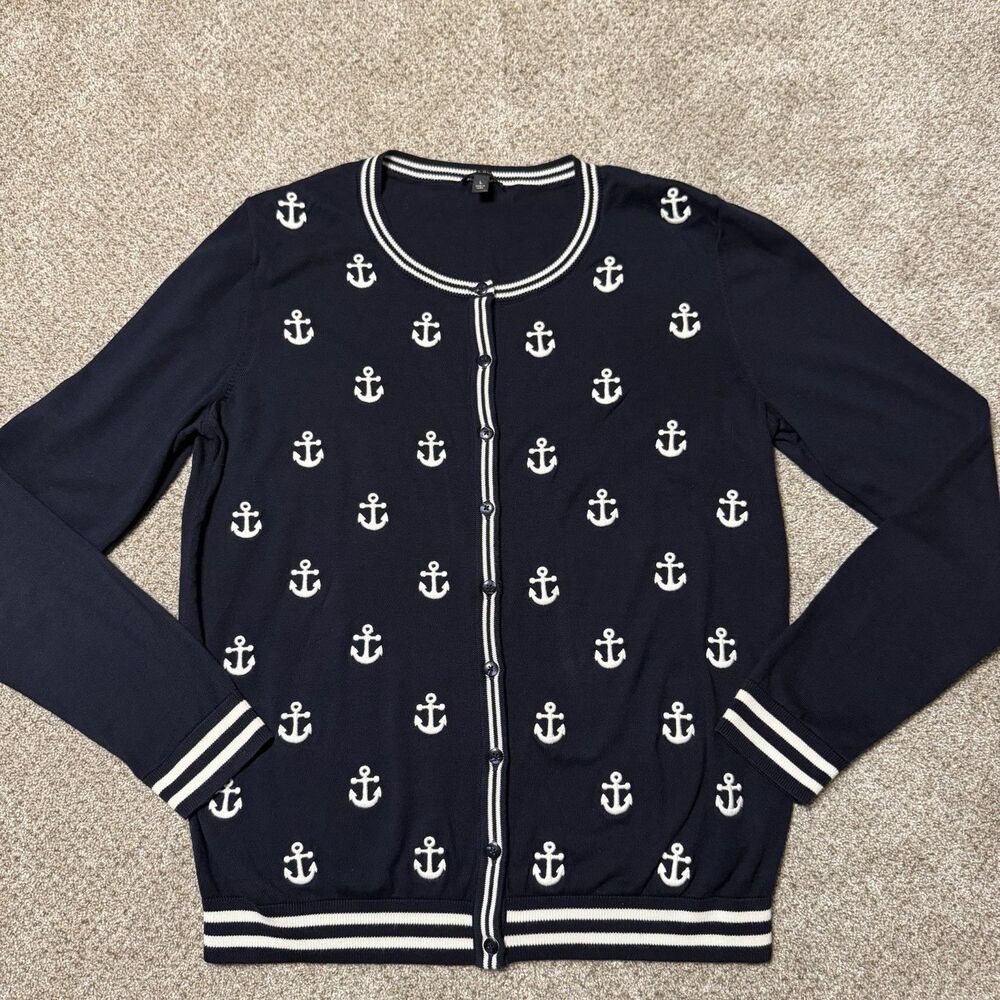 Talbots Anchor Cardigan Sweater Navy Womens L Nautical Preppy Fisherman Coastal